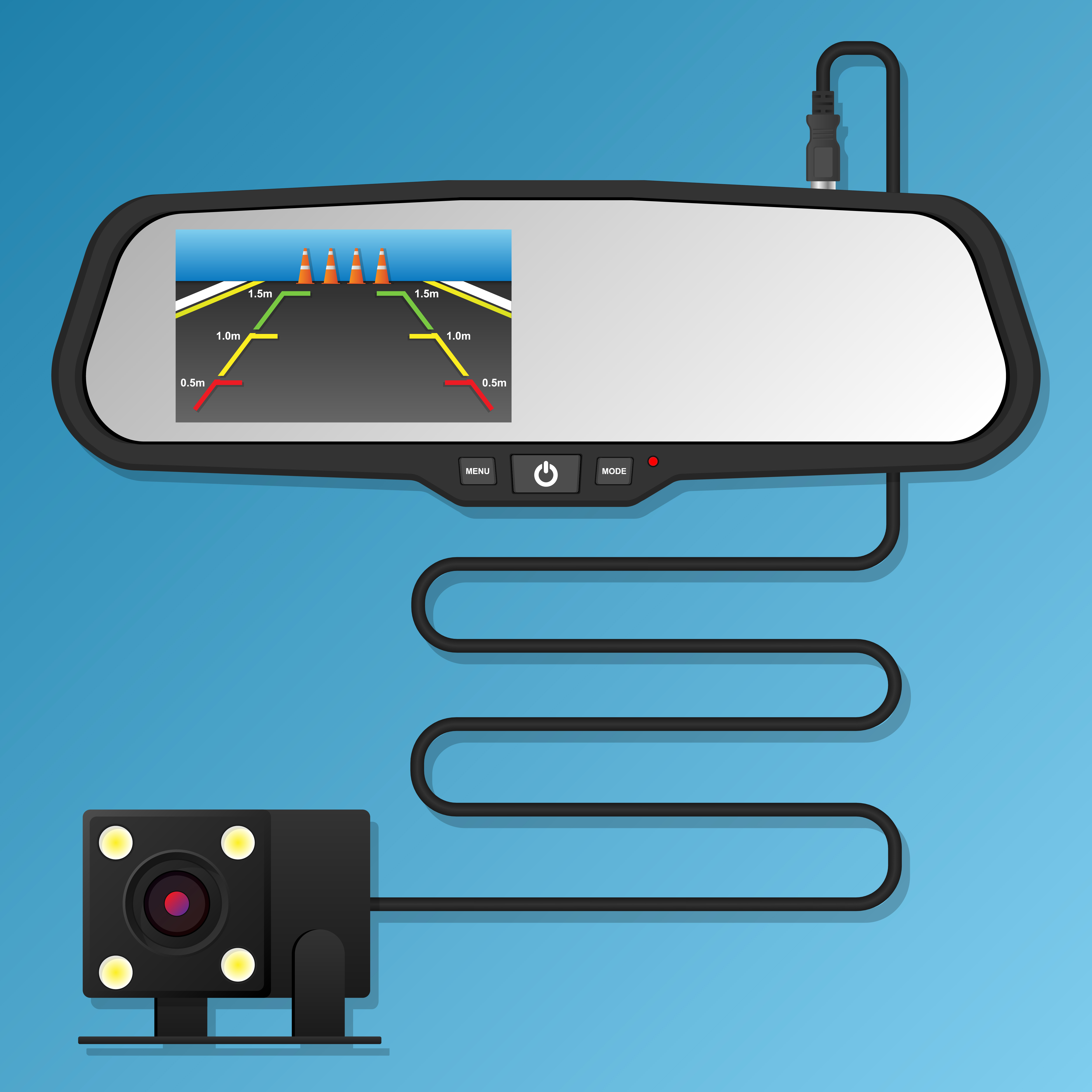 Combineer achteruitkijkspiegel met de achteruitkijkcamera, dashcam en display